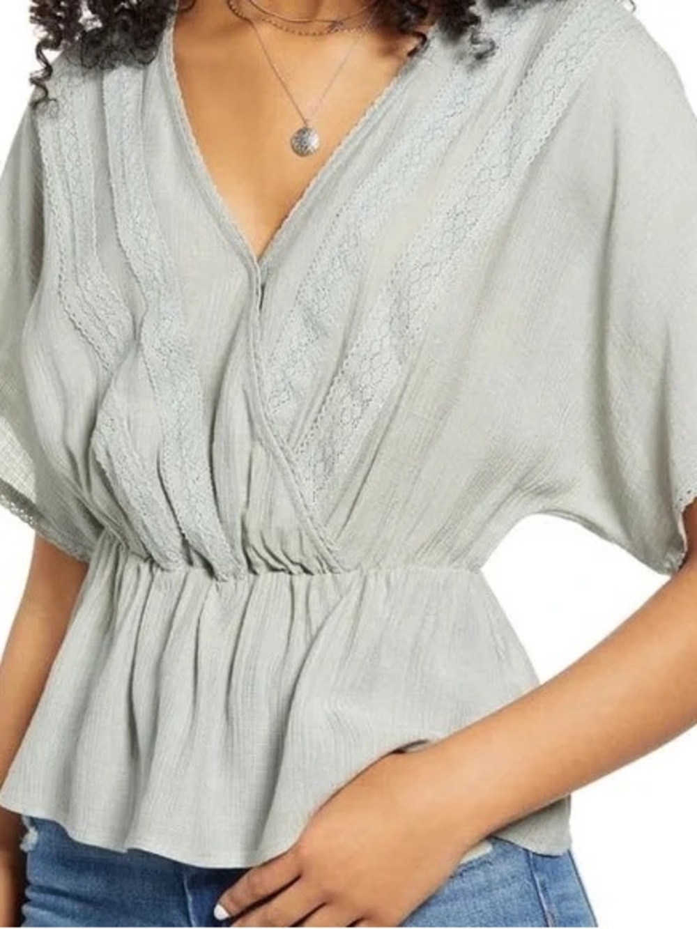 All in Favor Sage Green Lace-Trim Peplum Blouse